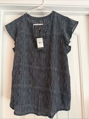 Adrianna Papell Navy and White Striped Flutter Sleeve Top
